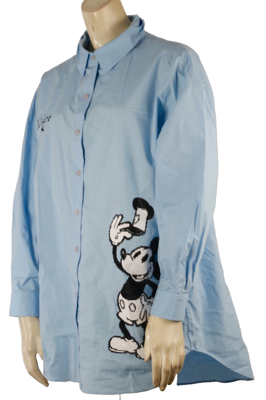Disney Light Blue Embroidered Mickey Mouse Oversized Button Down Tunic Shirt XS